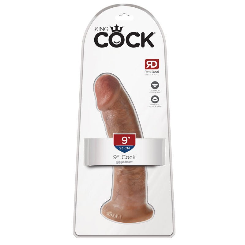 King cock - 9'' dildo - brown, Product front view and box front view | Flirtybay.com.au