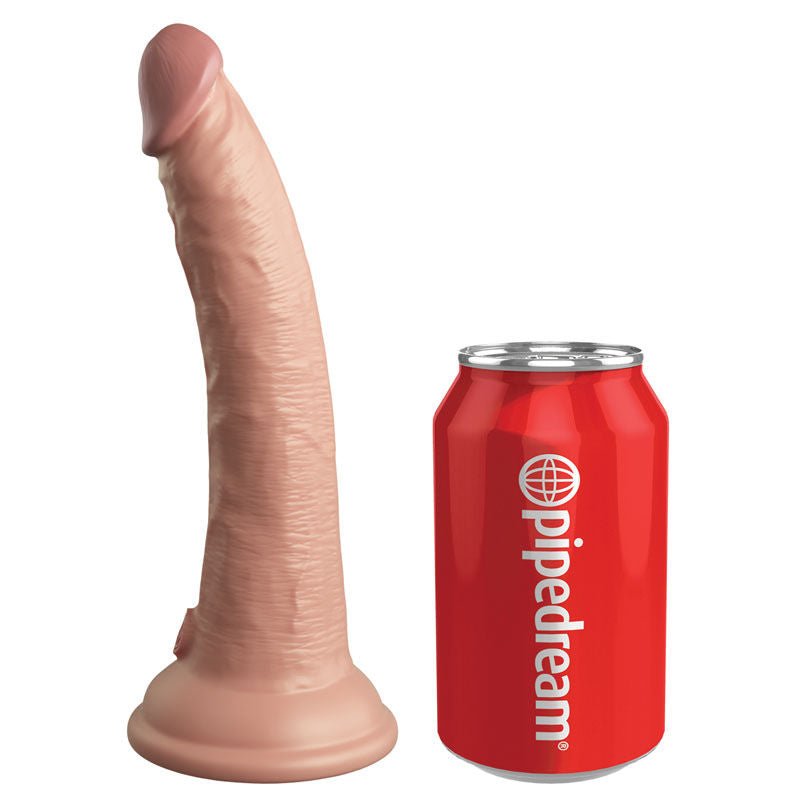King cock - elite 7'' vibrating dual density dildo - Product side view, with can of coke for size  | Flirtybay.com.au