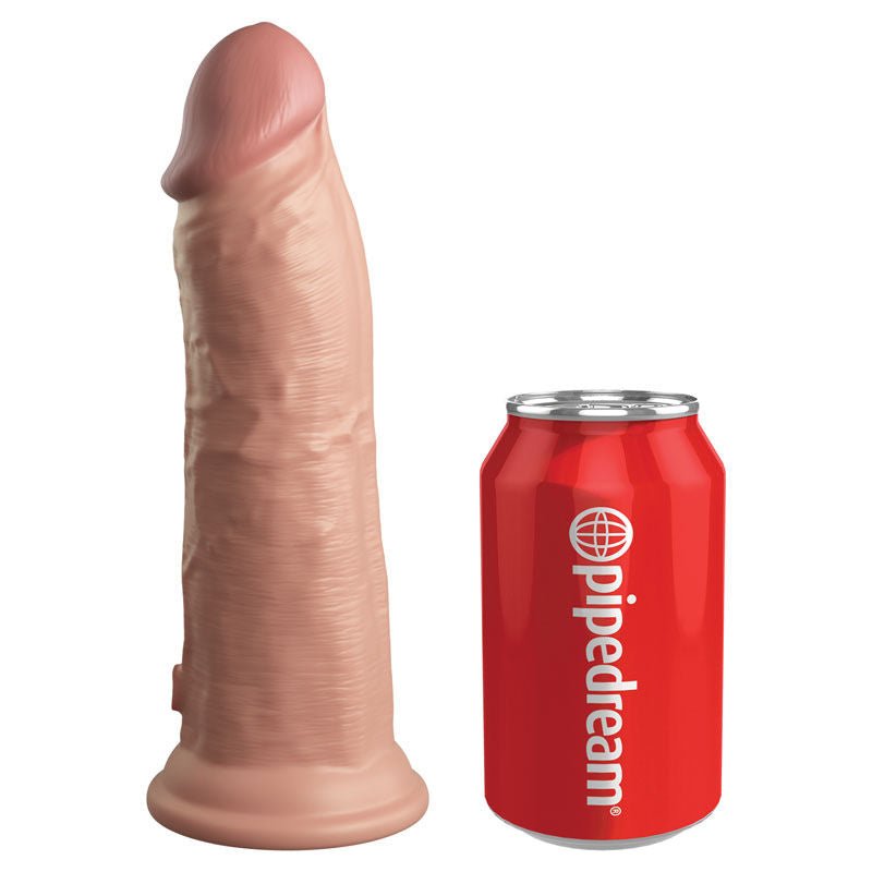 King cock - elite 8'' dual density dildo - Flesh, Product side view, with can of coke  | Flirtybay.com.au