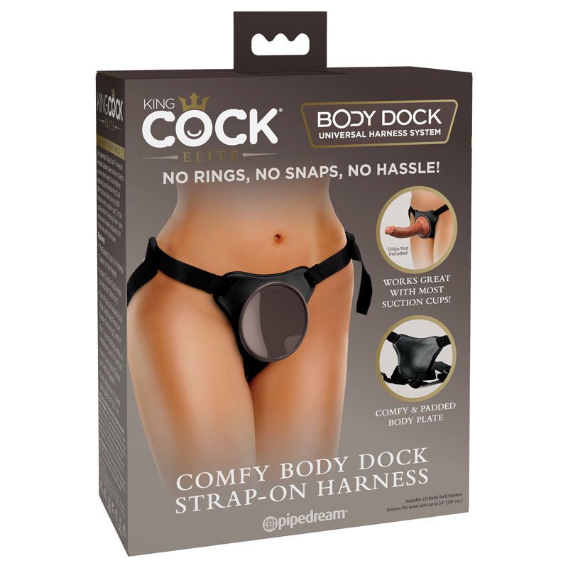 King cock - elite comfy body dock strap-on harness -  box front view | Flirtybay.com.au