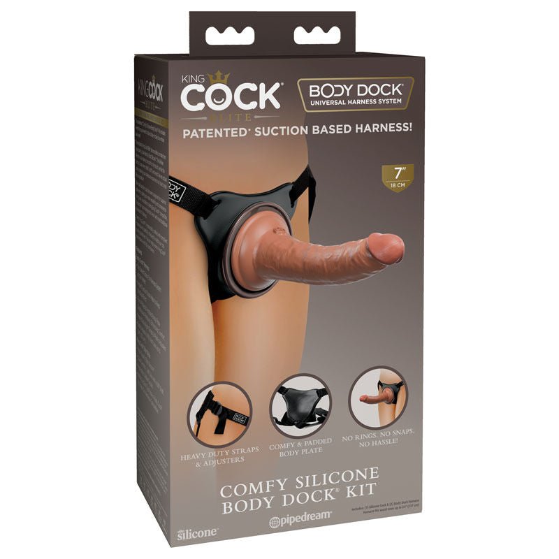 King cock - elite comfy silicone body dock kit - strap-on -  box front view | Flirtybay.com.au