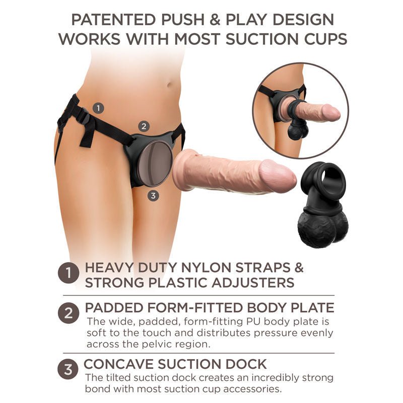 King cock - elite deluxe silicone strap-on kit - Product side view, with specifications  | Flirtybay.com.au