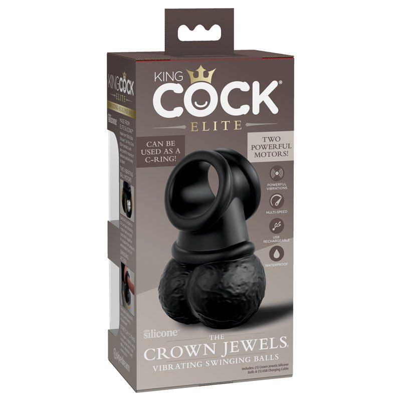 King cock - elite the crown jewels vibrating silicone balls - cock ring -  box back view | Flirtybay.com.au