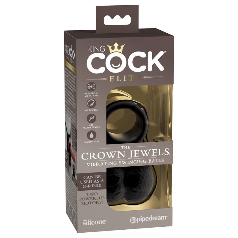 King cock - elite the crown jewels vibrating silicone balls - cock ring -  box front view | Flirtybay.com.au
