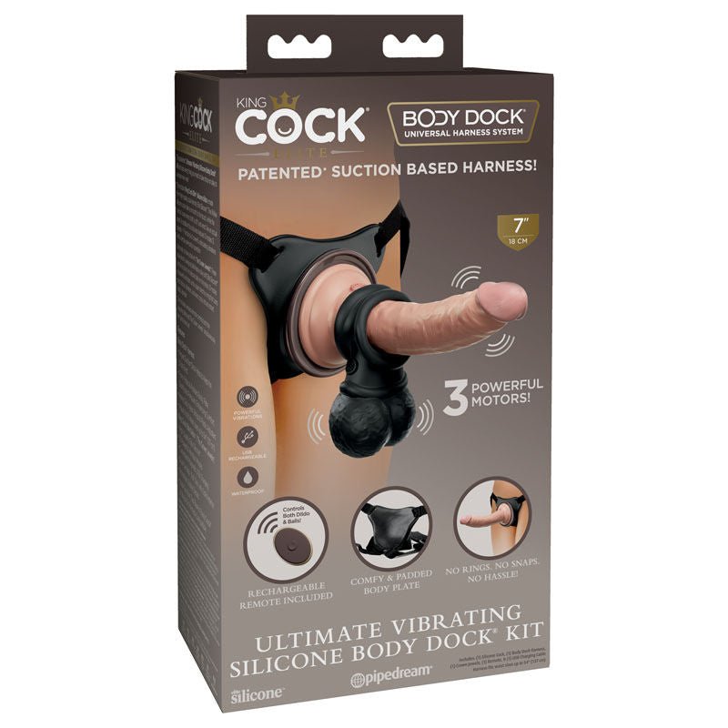 King cock - elite ultimate vibrating silicone strap-on kit -  box front view | Flirtybay.com.au