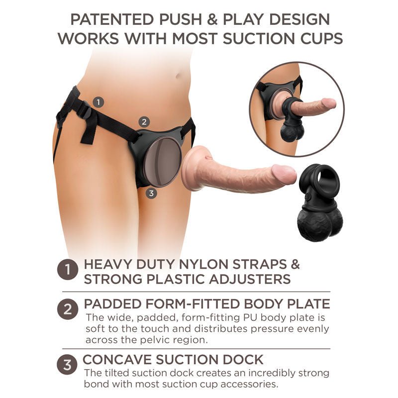 King cock - elite ultimate vibrating silicone strap-on kit - Product side view, with specifications  | Flirtybay.com.au