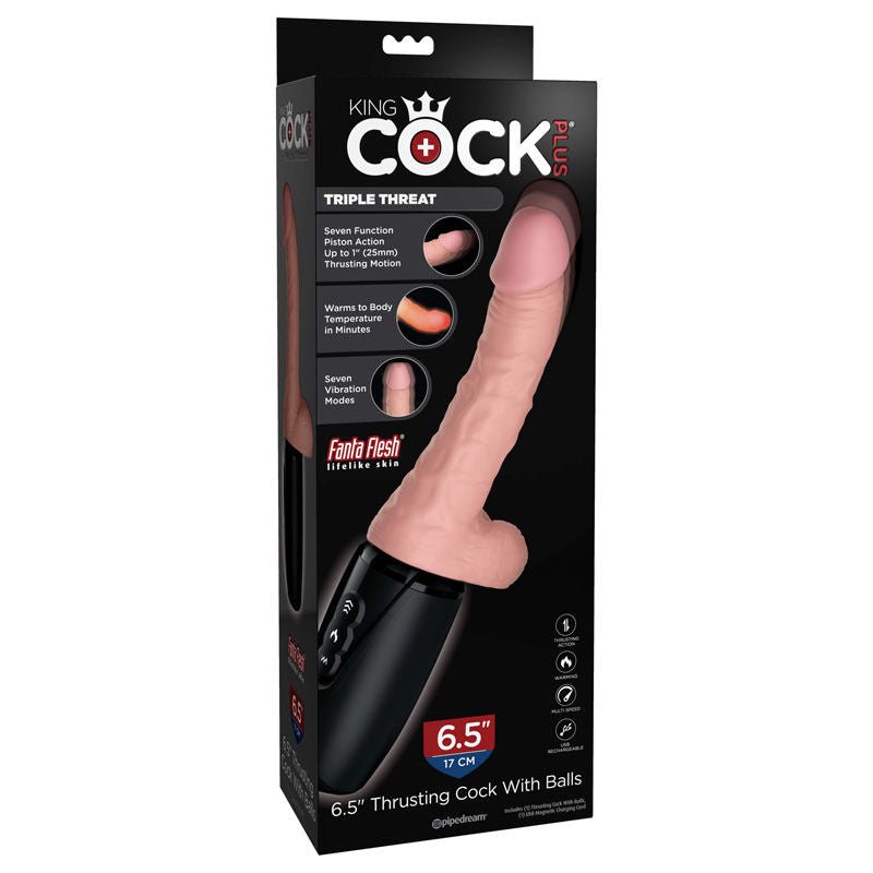 King cock - plus 6.5'' thrusting dildo with balls -  box front view | Flirtybay.com.au