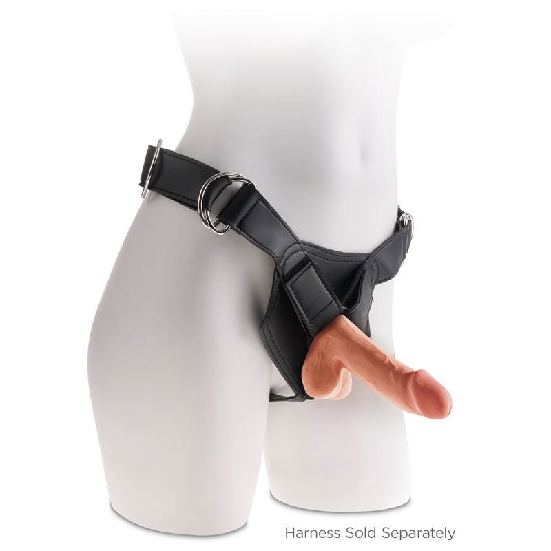 King cock - plus 6.5'' triple density dildo with balls - Product side view , on a harness | Flirtybay.com.au