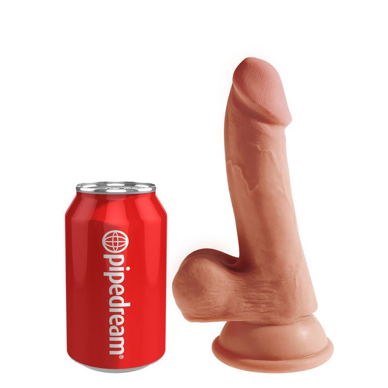 King cock - plus 6.5'' triple density dildo with balls - Product side view, with can of coke for size  | Flirtybay.com.au