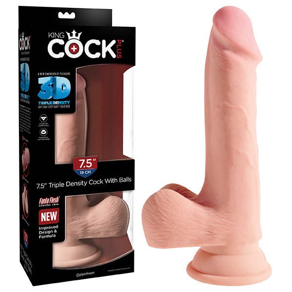 King cock - plus 7.5'' triple density dildo with balls - Product front view and box side view | Flirtybay.com.au