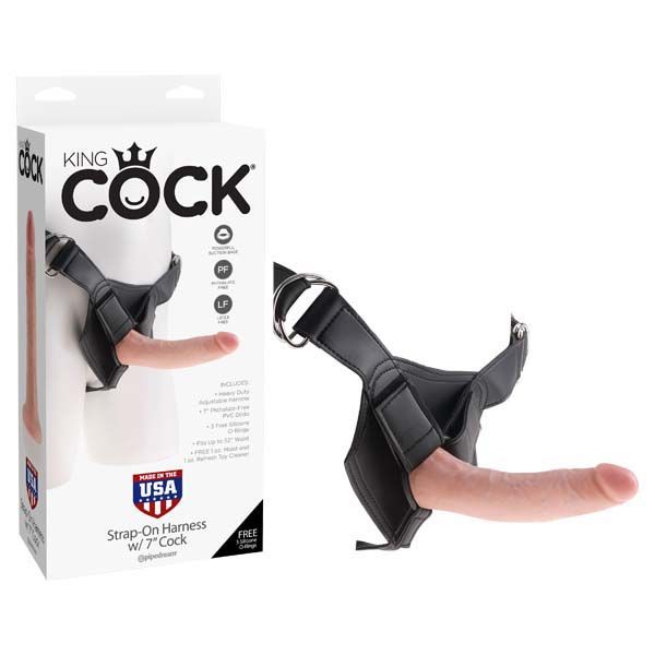 King cock - strap-on harness with 7'' dildo - Product front view and box front view | Flirtybay.com.au