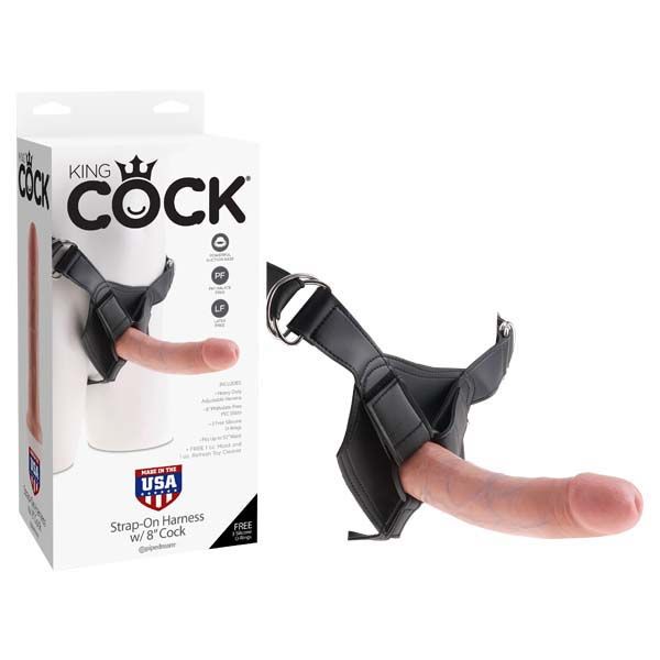 King cock - strap-on harness with 8'' dildo - Product front view and box front view | Flirtybay.com.au