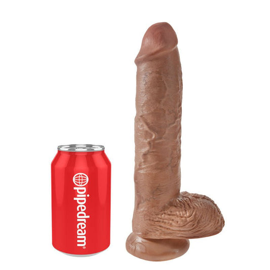 King cock 10" dildo with balls, tan, side view with a can of coke for size | Flirtybay.com.au