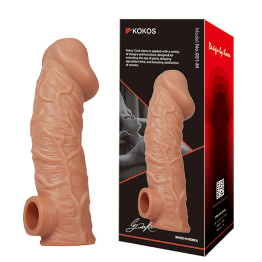 Kokos cock - sleeve 001 - penis extender - Product side view and box front view | Flirty Bay Adult Store and Male Sex Toys in Perth Australia