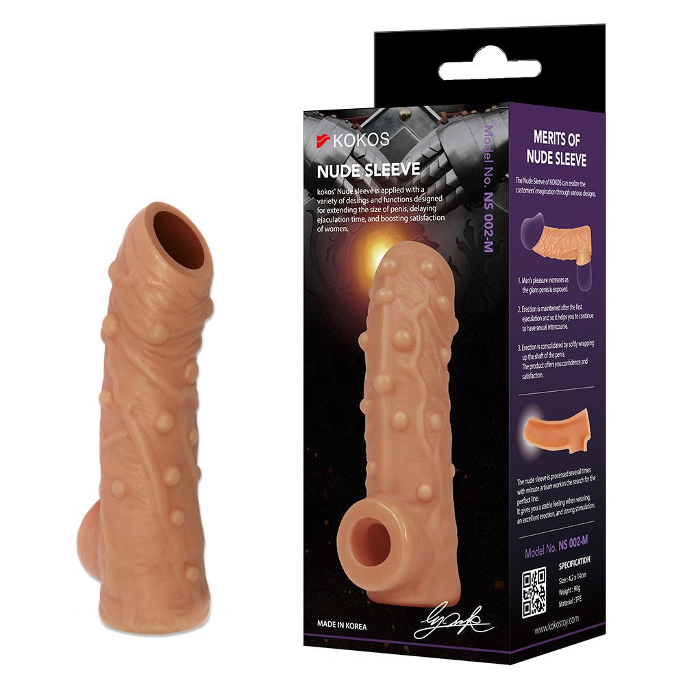 Kokos - nude sleeve 2 - penis extender - Product front view and box front view | Flirtybay.com.au