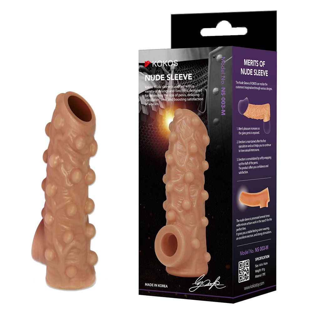 Kokos - nude sleeve 3 - penis extender - Product front view and box front view | Flirtybay.com.au