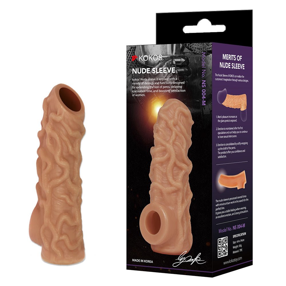 Kokos - nude sleeve 4 - penis extender - Product front view and box front view | Flirtybay.com.au