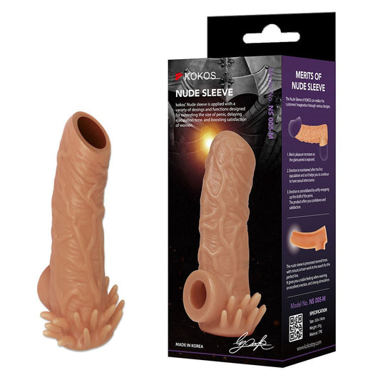 Kokos - nude sleeve 5 - penis extender - Product front view and box front view | Flirtybay.com.au