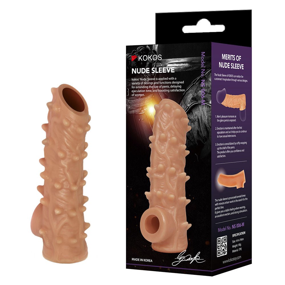 Kokos - nude sleeve 6 - penis extender - Product front view and box front view | Flirtybay.com.au