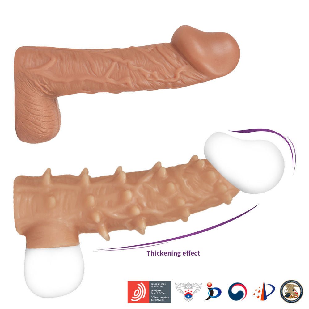 Kokos - nude sleeve 6 - penis extender - Product side view, show thickening effect  | Flirtybay.com.au