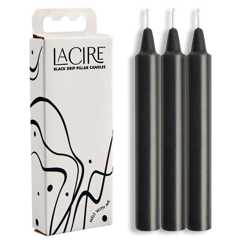 LaCire drip pillar candles, black, front view and box | Flirtybay.com.au