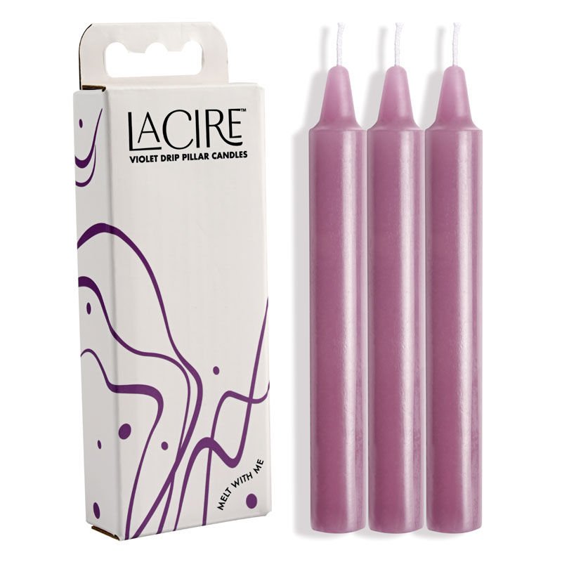 LaCire drip pillar candles, pink, front view and box | Flirtybay.com.au