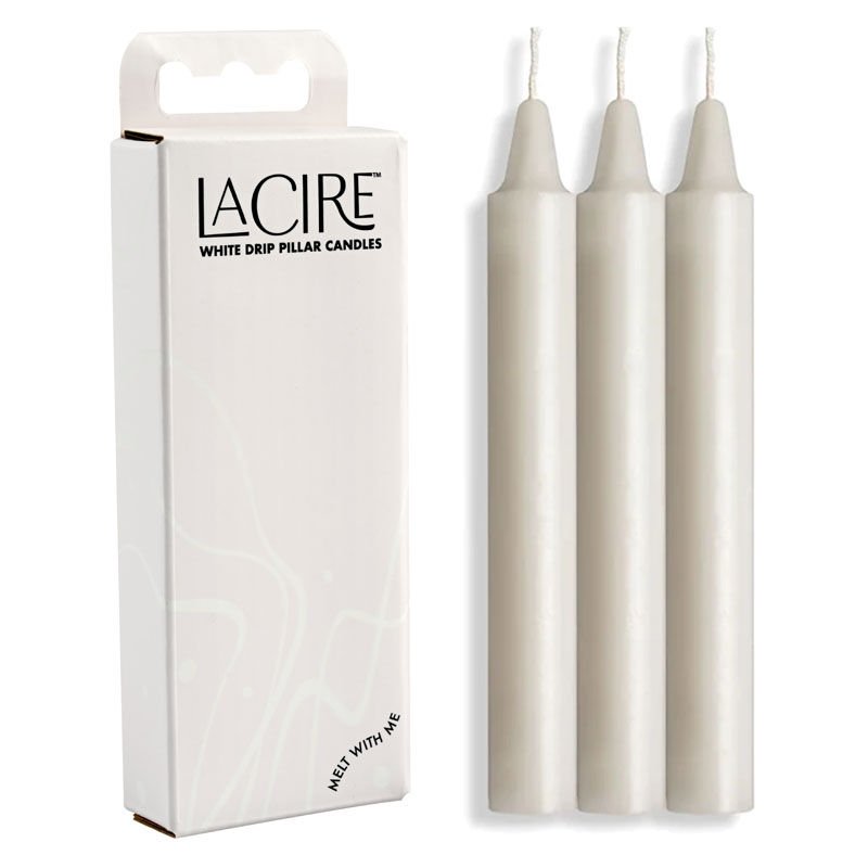 LaCire drip pillar candles, white, front view and box | Flirtybay.com.au