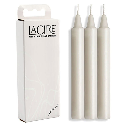 LaCire drip pillar candles, white, front view and box | Flirtybay.com.au