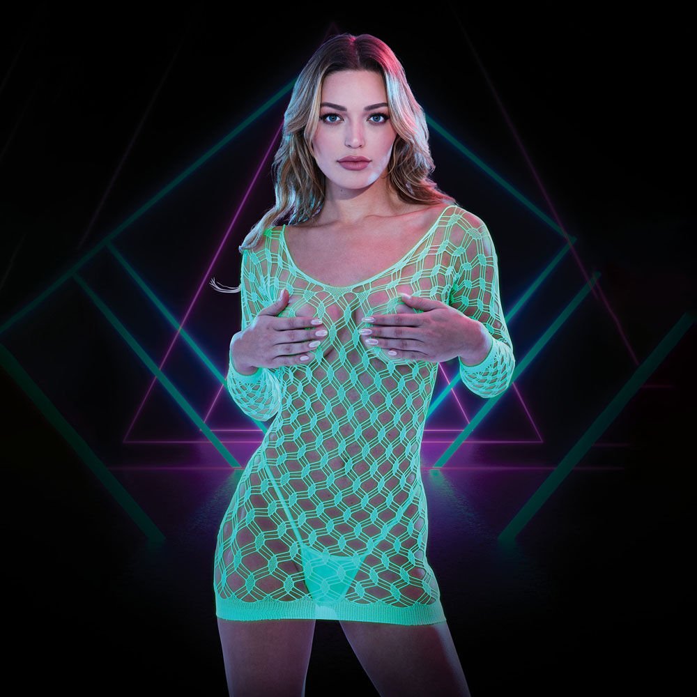 Lapdance - glow in the dark mini dress - long sleeves - Product front view  | Flirtybay.com.au