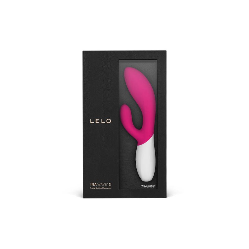 Lelo - ina wave 2 - cerise - rabbit vibrator - Product front view and box front view | Flirtybay.com.au
