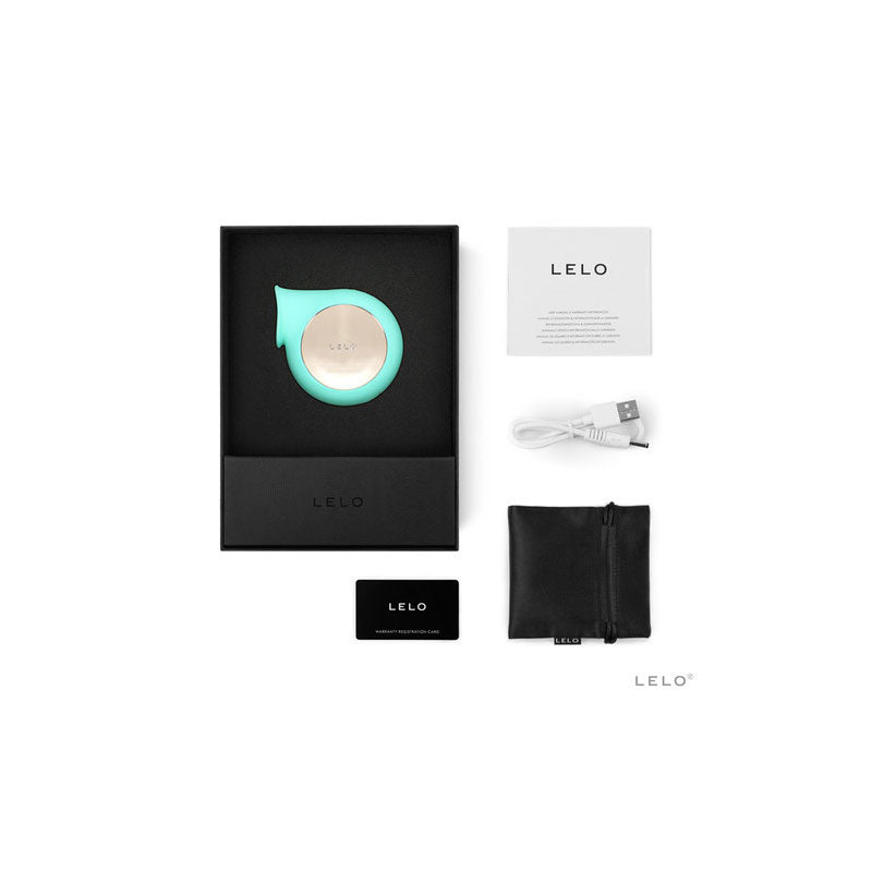 Lelo - sila cruise - aqua - sonic wave clitoral massager - Product front view and box side view | Flirtybay.com.au