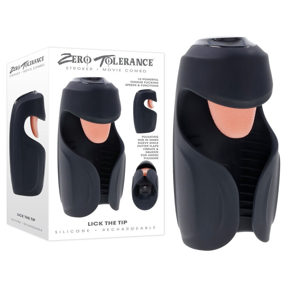 Front view of the Zero Tolerance Lick the Tip vibrating male masturbator, designed for intense tip stimulation with realistic tongue motion, shown with packaging on a clean background | Flirty Bay adult store Perth
