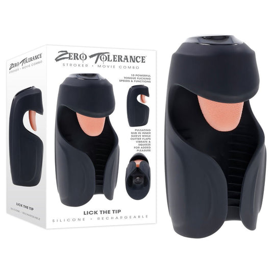 Front view of the Zero Tolerance Lick the Tip vibrating male masturbator, designed for intense tip stimulation with realistic tongue motion, shown with packaging on a clean background | Flirty Bay adult store Perth