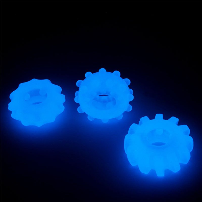 Lovetoy - lumino play cock rings 3 pack - Product side view, glow in the dark  | Flirtybay.com.au