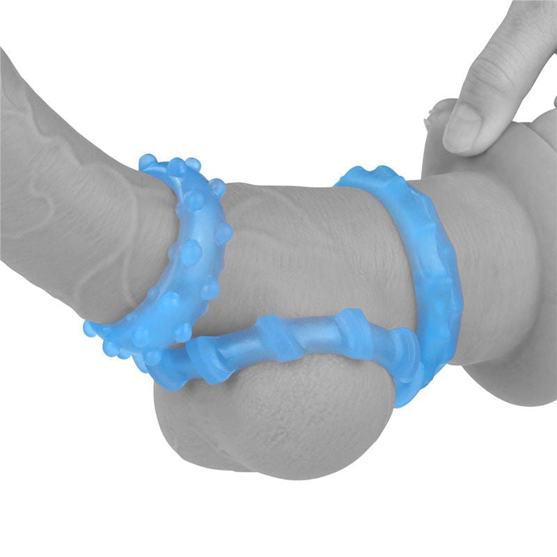 Lovetoy - lumino play cock rings 3 pack - Product side view, show on a penis  | Flirtybay.com.au