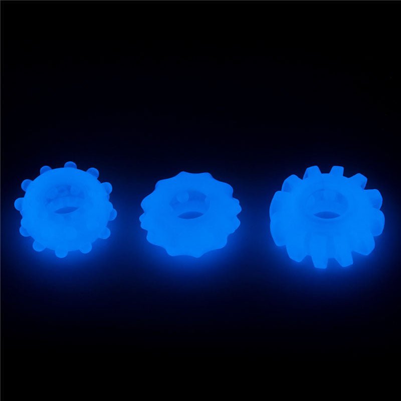 Lovetoy - lumino play cock rings 3 pack - Product top view, glow in the dark  | Flirtybay.com.au