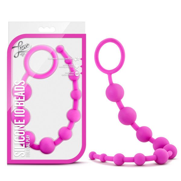 Luxe - Silicone 10 Anal Beads, pink, front view with box | Flirtybay.com.au
