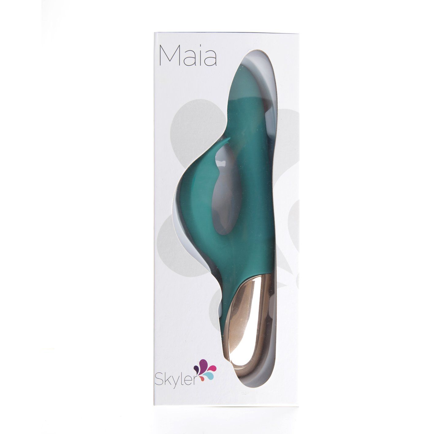 Maia - skyler rabbit vibrator -  Teal, box front view | Flirtybay.com.au