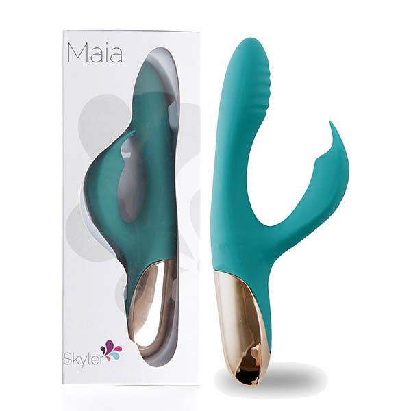 Maia - skyler rabbit vibrator - Teal, Product front view and box front view | Flirtybay.com.au