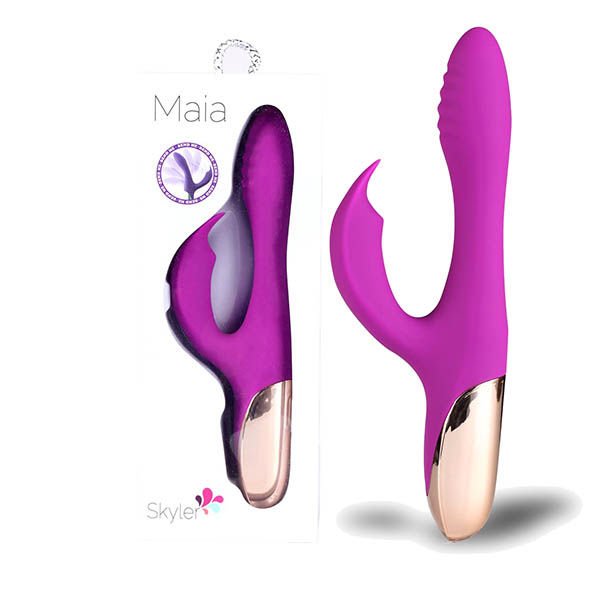 Maia - skyler rabbit vibrator - pink, Product front view and box front view | Flirtybay.com.au