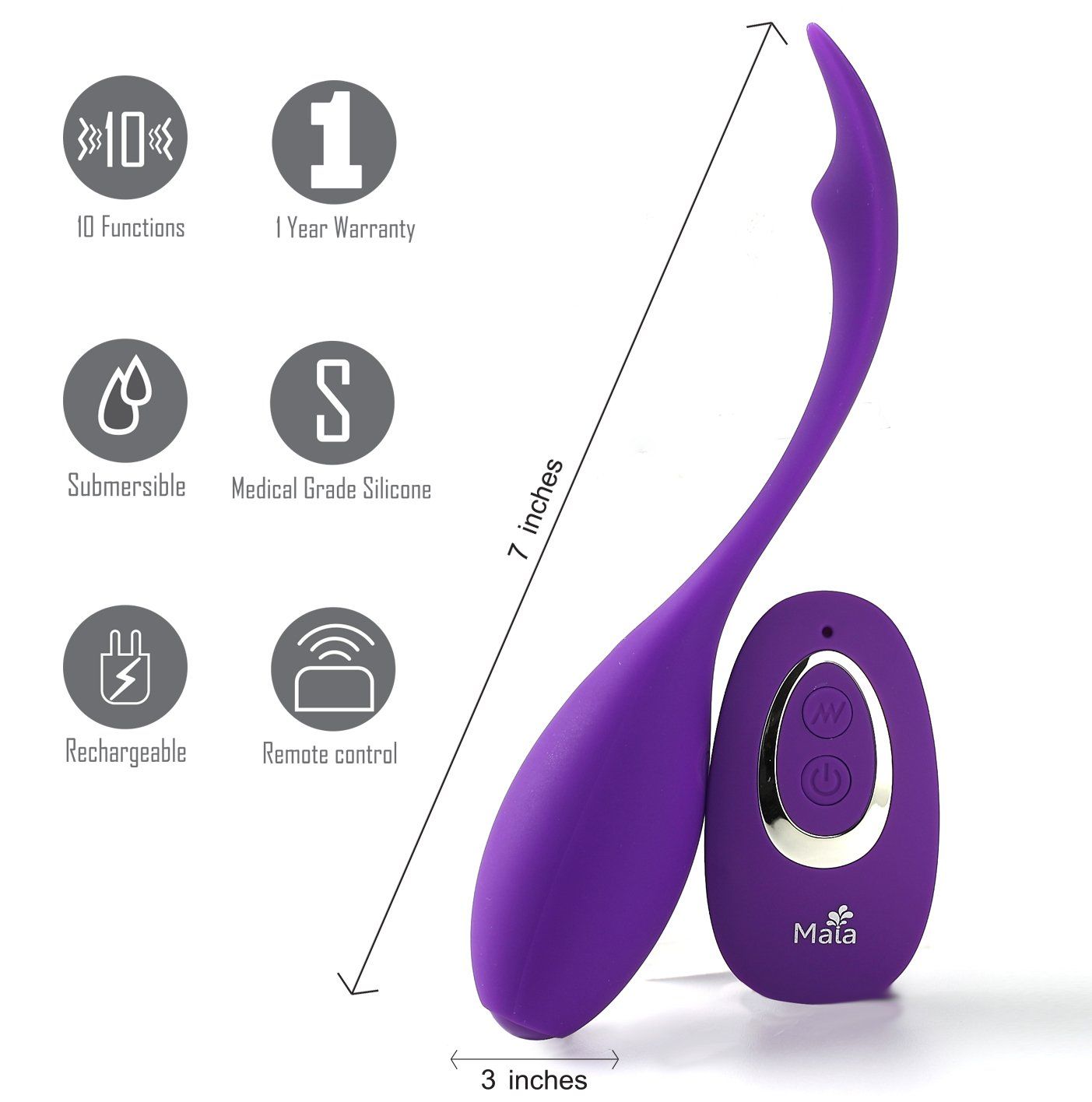 Maia syrene - remote controlled vibrator - Product front view, with specifications  | Flirtybay.com.au