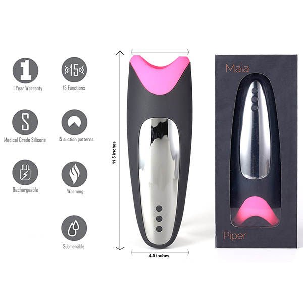 Front view of the Maia Piper male masturbator displayed alongside its packaging, with the sex toy visible inside the box on a clean white background. | Flirty Bay adult store Perth