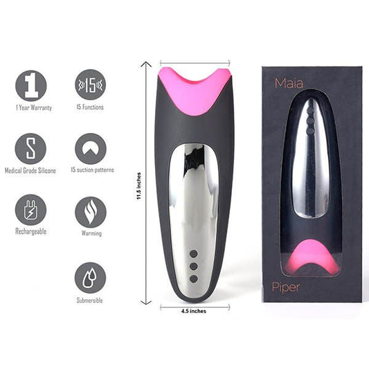 Front view of the Maia Piper male masturbator displayed alongside its packaging, with the sex toy visible inside the box on a clean white background. | Flirty Bay adult store Perth