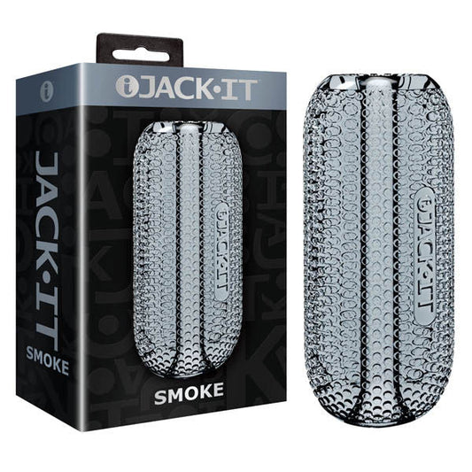 Front view of the clear Jack-It Male Masturbator / Stroker displayed alongside its retail packaging on a clean white background, showcasing the transparent design and ergonomic shape. | Flirty Bay adult store Perth