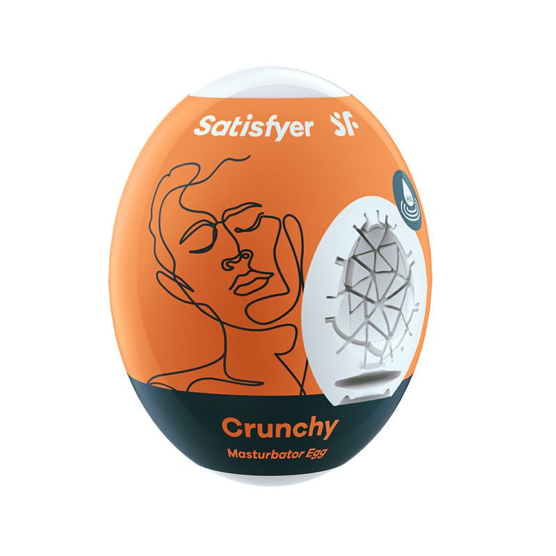 Side view of the Satisfyer Masturbator Egg Crunchy, showcasing its textured surface and compact design on a clean white background. | Flirty Bay adult store Perth