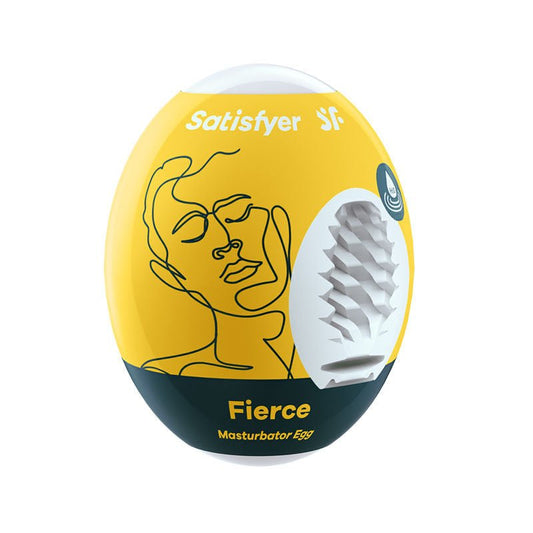 Side view of the Satisfyer Masturbator Egg Fierce, showcasing its textured design and sleek shape on a clean white background. | Flirty Bay adult store Perth