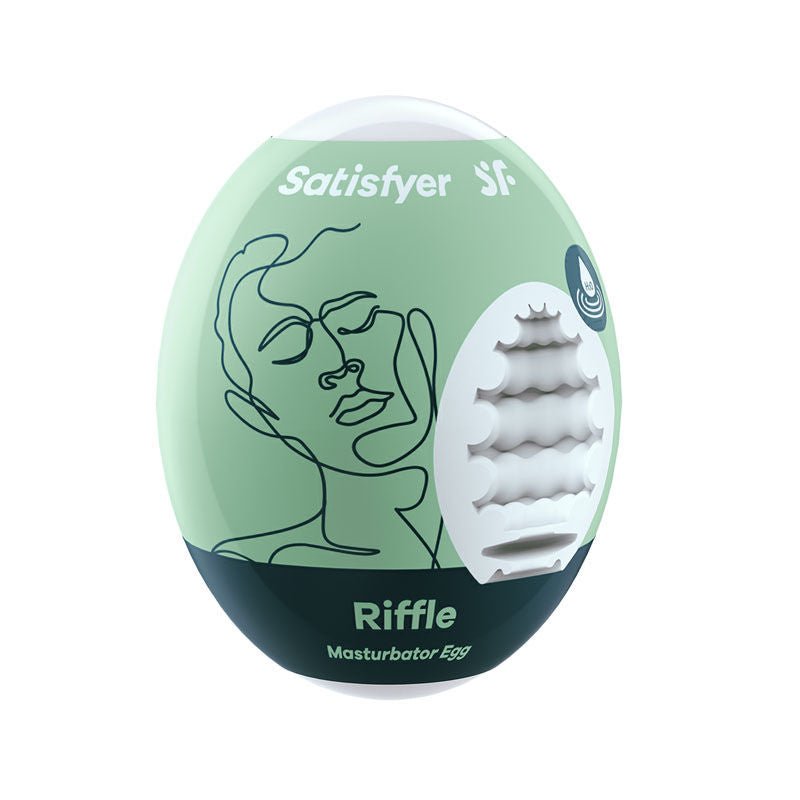 Front view of the Satisfyer Masturbator Egg Riffle, showcasing its unique textured design and compact shape on a clean white background. | Flirty Bay adult store Perth