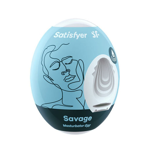 Side view of the Satisfyer Masturbator Egg Savage, highlighting its unique textured surface and ergonomic shape on a clean white background. | Flirty Bay adult store Perth