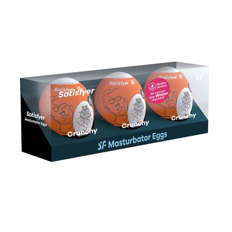 Satisfyer Masturbator Eggs Crunchy 3 Pack displayed in its retail packaging with the three eggs clearly visible inside, set against a clean white background. | Flirty Bay adult store Perth