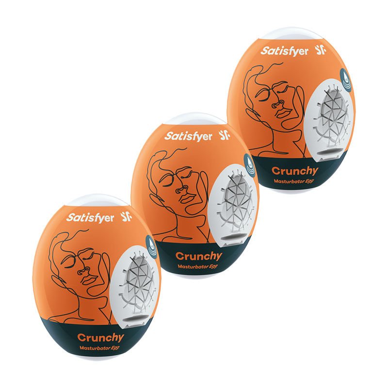Side view of the Satisfyer Masturbator Eggs Crunchy 3 Pack, showing the textured surface and individual eggs in natural colors, displayed on a clean white background. | Flirty Bay adult store Perth